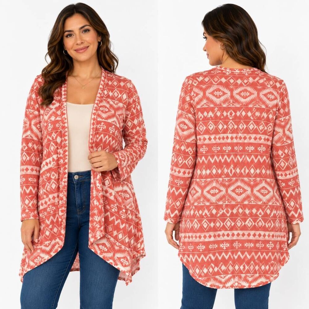 Maurices Coral Tribal Print Open Cardigan Medium